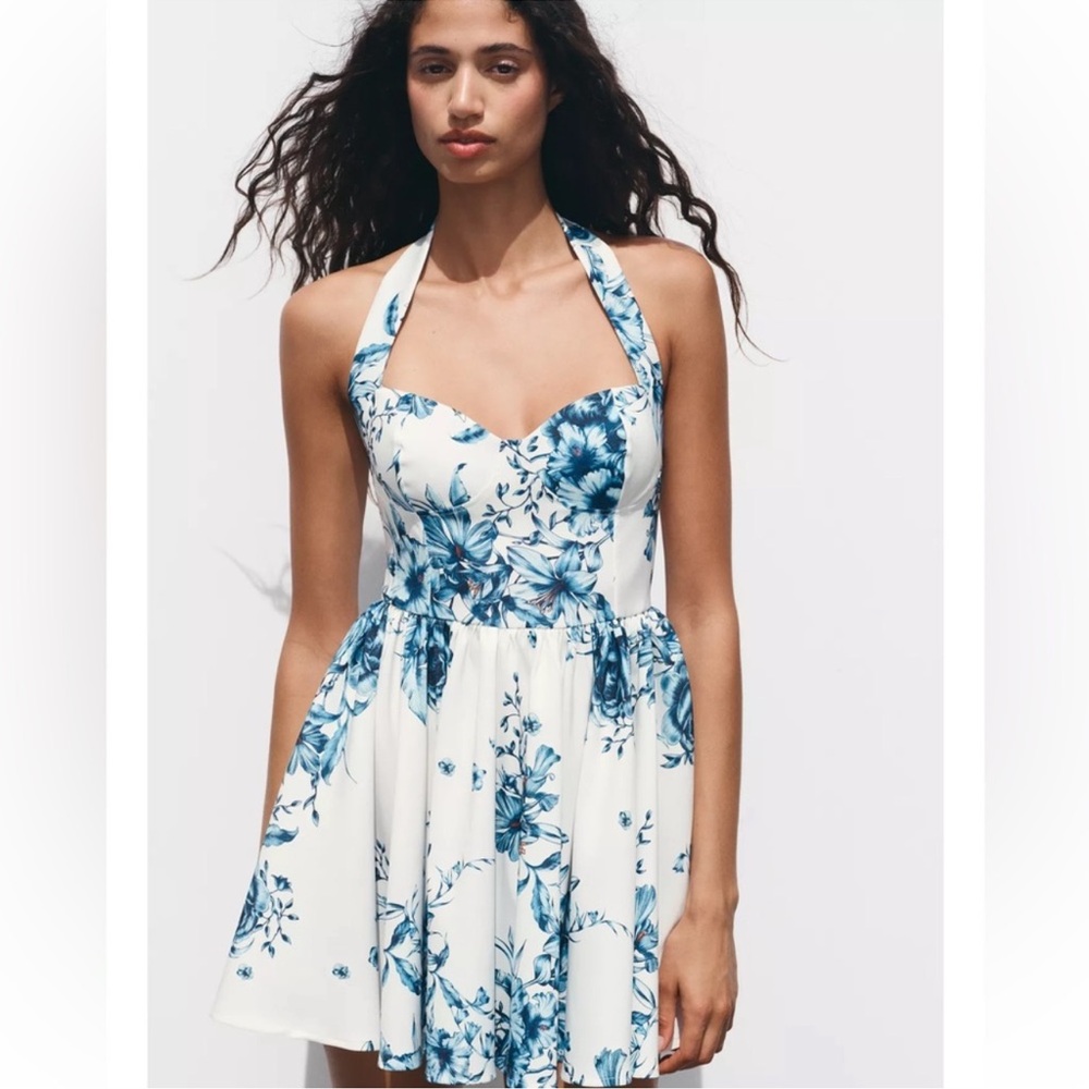 Zara Blue & White Floral Short Halter Dress